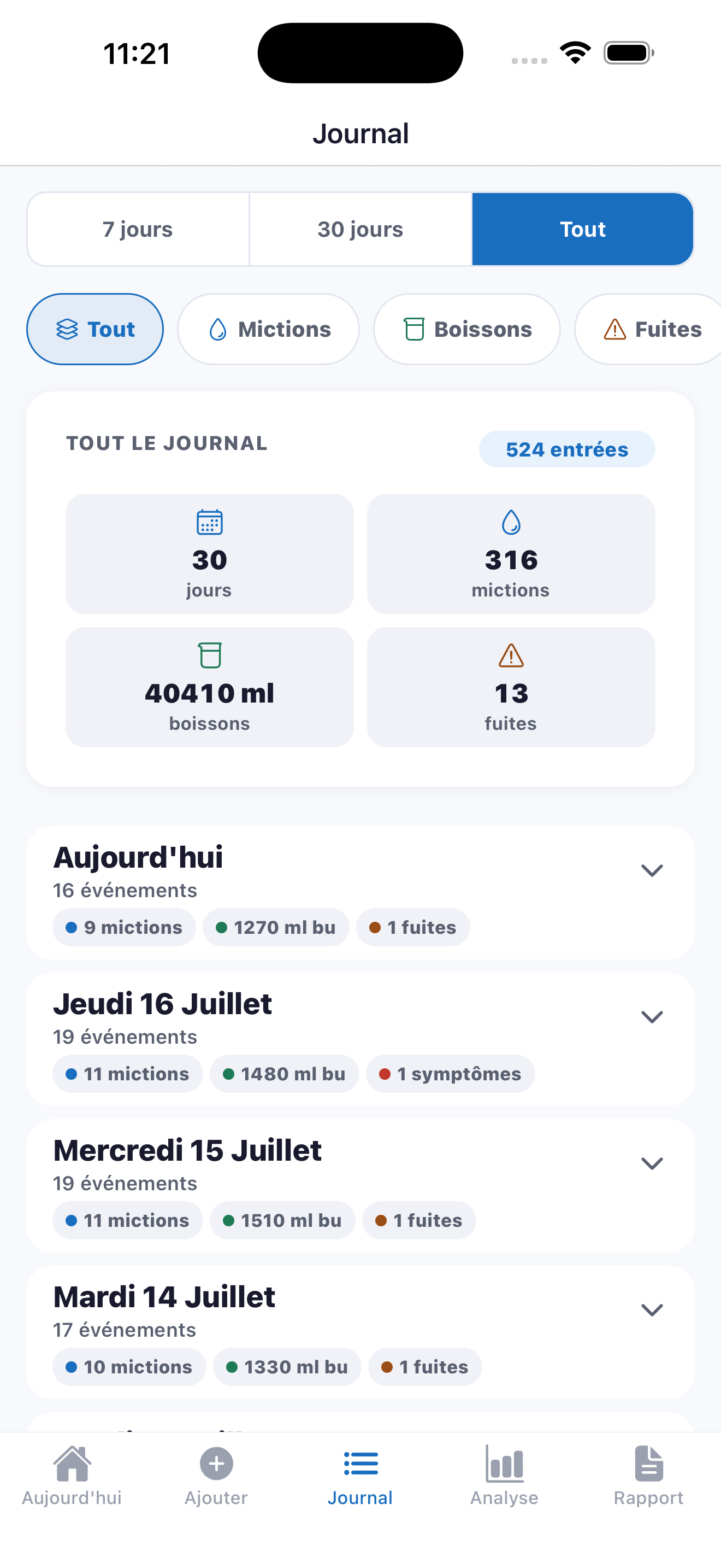 Écran journal chronologique