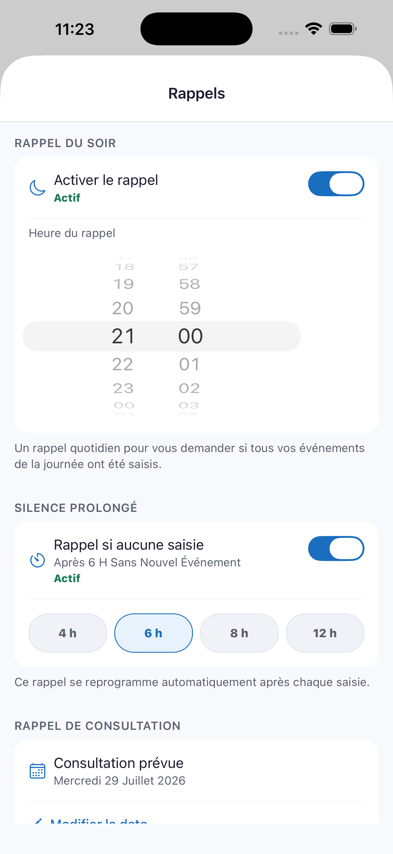 Écran rappels de suivi
